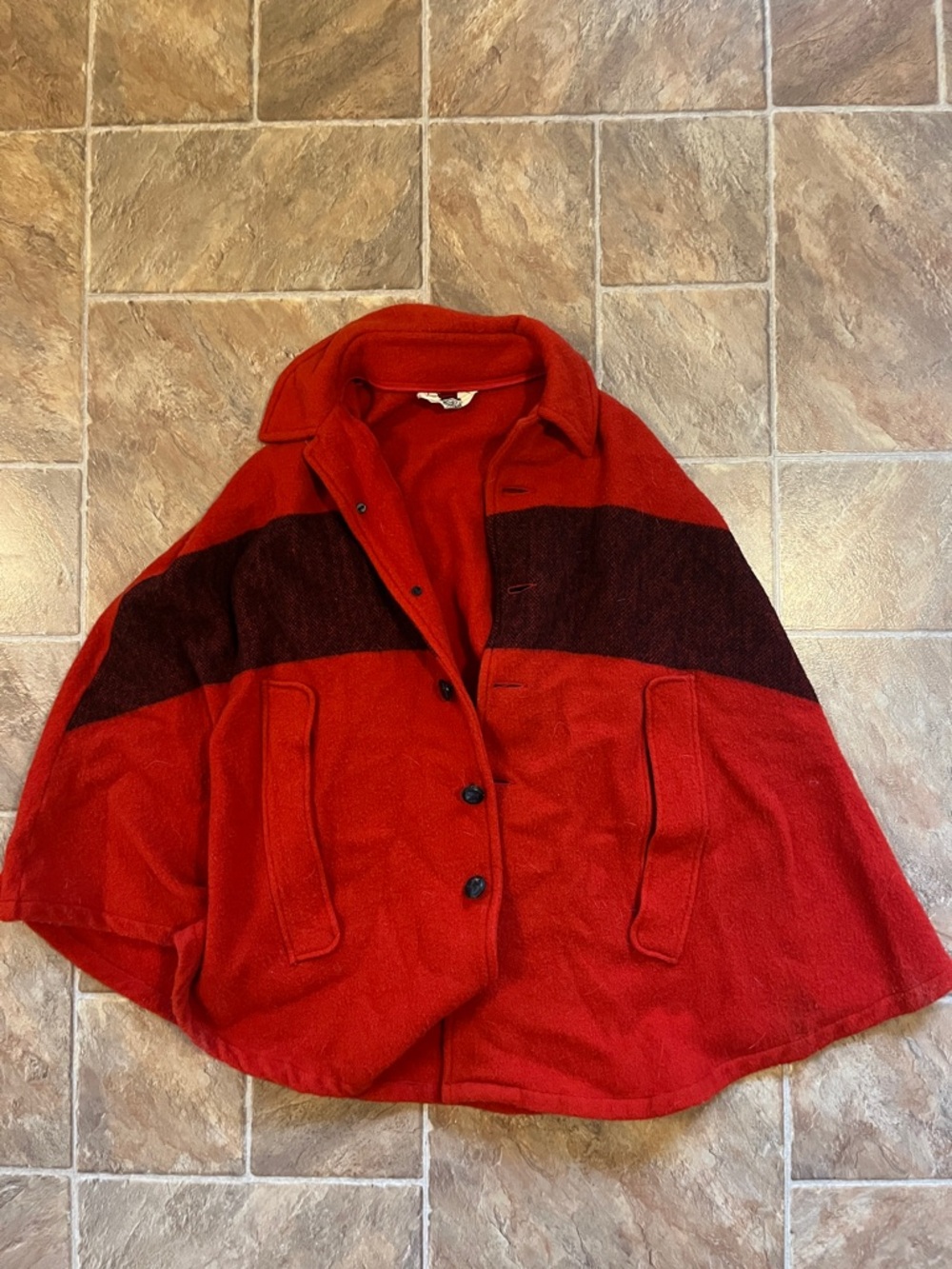 RARE VTG Woolrich Red Cape Jacket “blanket cape” with Dark Horizontal Stripe